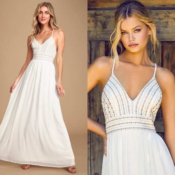 Lulu’s Meet Me in Madrid White Beaded Maxi Dress - Picture 1 of 9